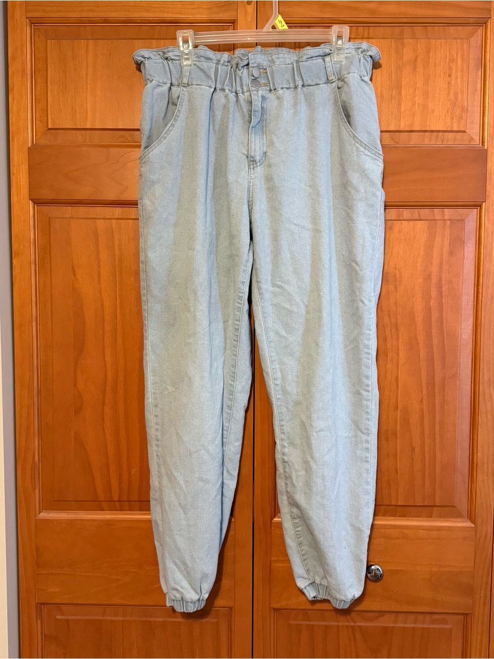 Light Wash Paperbag Waist Denim Joggers - Light Blue